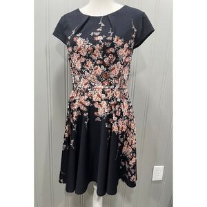 Black Floral Fit Flare Dress Short Sleeve Keyhole Back‎ Women's S